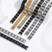 Men's Brushed Rail Link Bracelet in Gold Plated Steel – original gold plated notched tile and connector detail among finish options