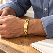 Men's Watchband ID Bracelet in Gold-Tone Plated Steel – contextual scene, on wrist