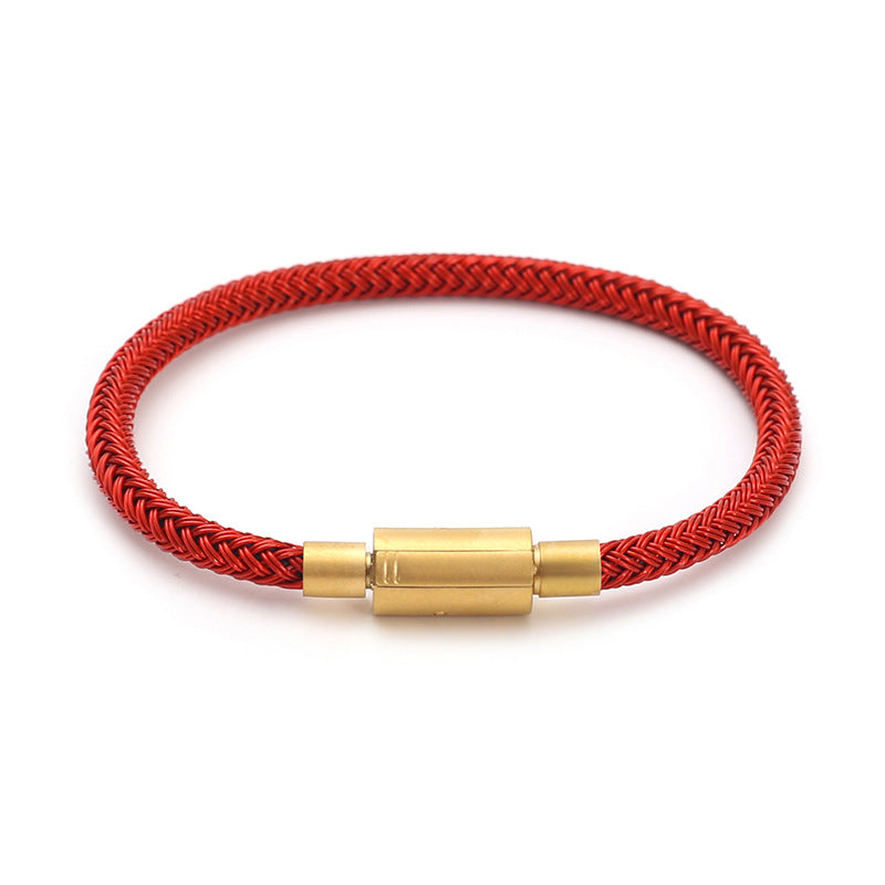 Men's Red Wire Weave Bracelet in red stainless steel – front view with gold-tone connector