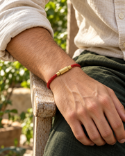 Men's Red Wire Weave Bracelet in red stainless steel – on wrist with an ecru cotton sleeve