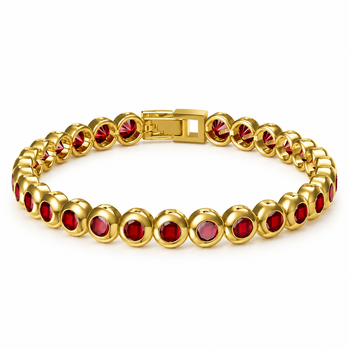 Men's Round Bezel Red Tennis Bracelet in Steel; Gold-Tone Finish; Red Cubic Zirconia – front view