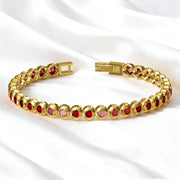 Men's Round Bezel Red Tennis Bracelet in Steel; Gold-Tone Finish; Red Cubic Zirconia – original open folding clasp and rear bezel detail
