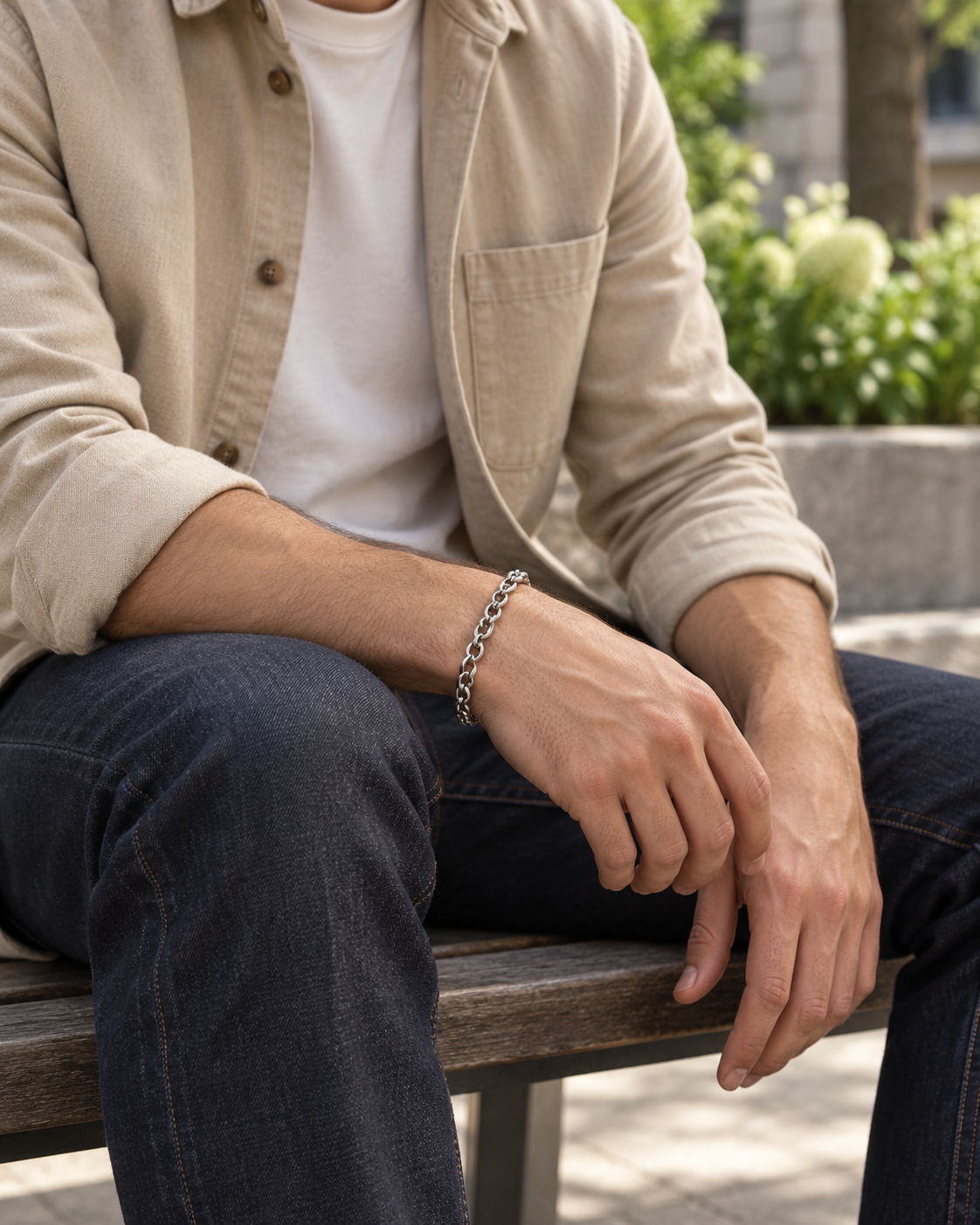 Rolo Link Bracelet — contextual scene, torso and hands