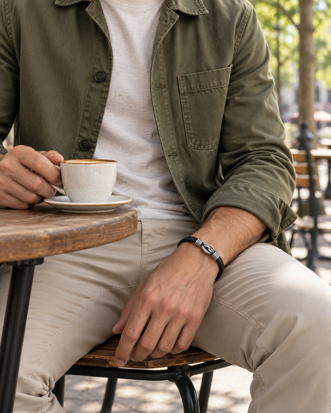 Round Knot Braid Bracelet — contextual scene, torso and hands