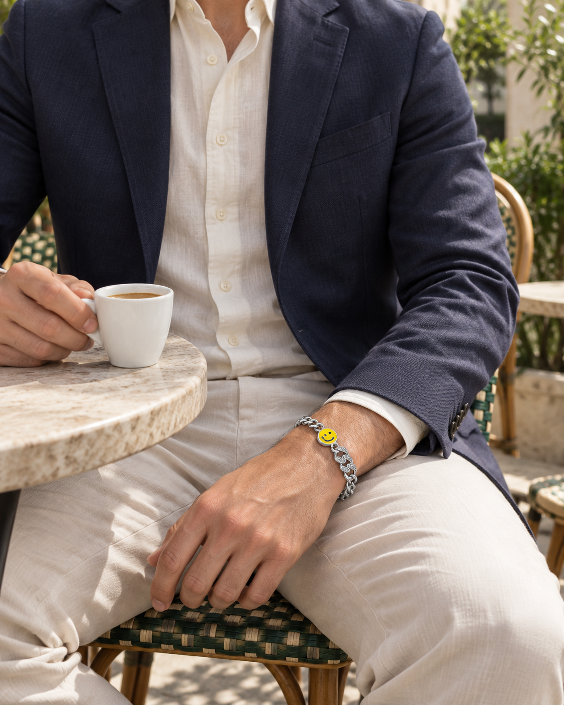 Smile Accent Chain Bracelet — contextual scene, torso and hands