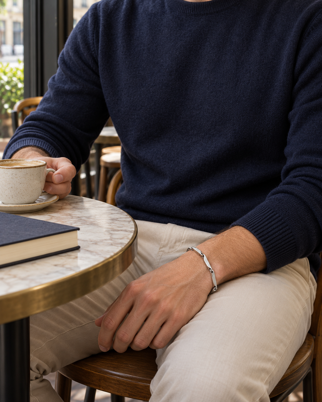 Tapered Bar Link Bracelet — contextual scene, torso and hands