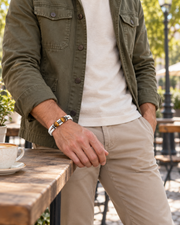Twin Stone Braid Bracelet — contextual scene, torso and hands