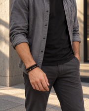 Twin Strand Bead Bracelet — contextual scene, torso and hands